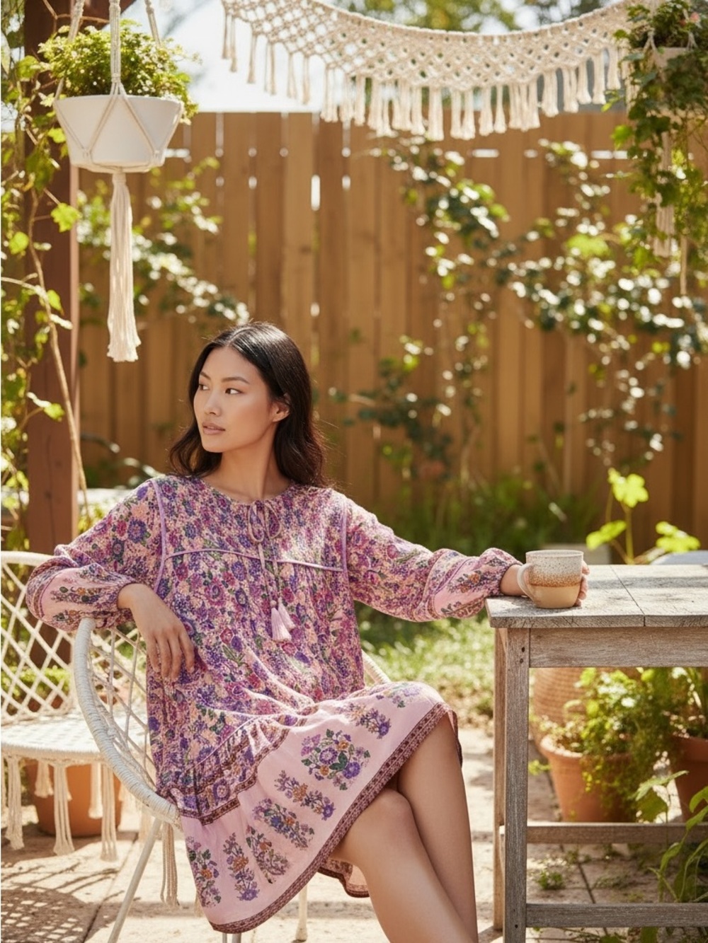 Umgee Lavender Floral Boho Tie-Neck Dress - Picture 2 of 16